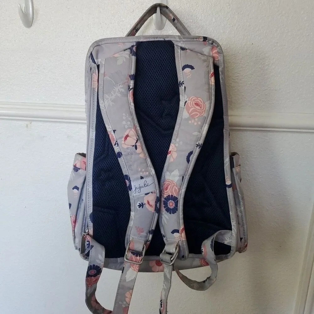 JuJuBe Be Right Back Multi-Function Diaper Backpack Floral Gray Multi Zip Pocket